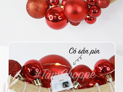 Vòng nguyệt quế Noel nửa vòng mây lá PE châu đỏ ĐK30-40cm (Có đèn Led) VNGQ-X-36