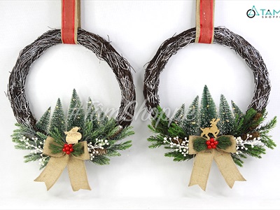 Vòng nguyệt quế Noel rừng 5 thông cước nơ vải bố ĐK40cm (Có đèn Led) VNGQ-X-31