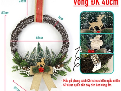 Vòng nguyệt quế Noel rừng 5 thông cước nơ vải bố ĐK40cm (Có đèn Led) VNGQ-X-31