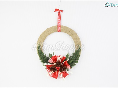 Vòng nguyệt quế Noel vải bố nơ đỏ lớn thông lá kim ĐK30cm X-VNGQ-30