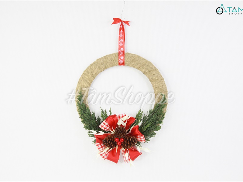 Vòng nguyệt quế Noel vải bố nơ đỏ lớn thông lá kim ĐK30cm X-VNGQ-30