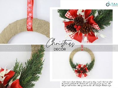 Vòng nguyệt quế Noel vải bố nơ đỏ lớn thông lá kim ĐK30cm X-VNGQ-30