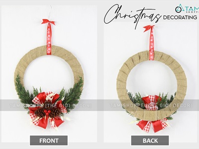 Vòng nguyệt quế Noel vải bố nơ đỏ lớn thông lá kim ĐK30cm X-VNGQ-30