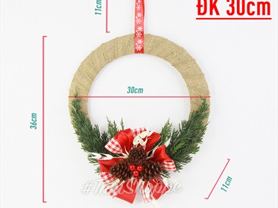 Vòng nguyệt quế Noel vải bố nơ đỏ lớn thông lá kim ĐK30cm X-VNGQ-30