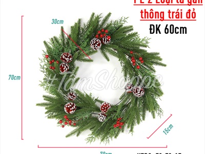 Vòng nguyệt quế PE hai loại lá gắn thông đỏ ĐK60cm X-VNGQ-24