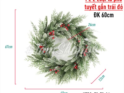 Vòng nguyệt quế PE phủ tuyết hai loại lá gắn trái đỏ ĐK60cm X-VNGQ-26