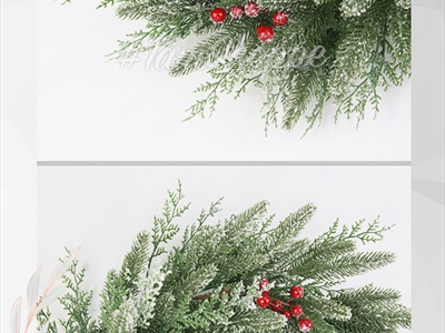 Vòng nguyệt quế PE phủ tuyết hai loại lá gắn trái đỏ ĐK60cm X-VNGQ-26