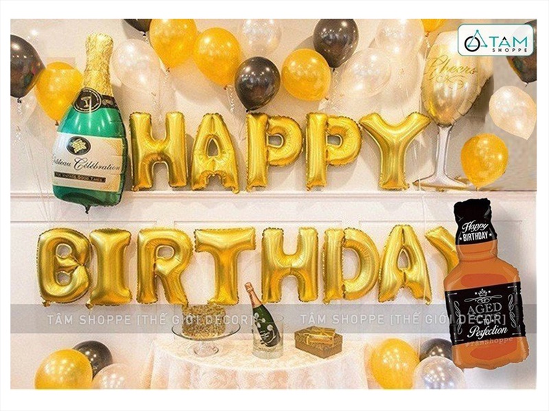 Set bóng sinh nhật chữ HPBD vàng đen rượu tây SSN-BDTS001