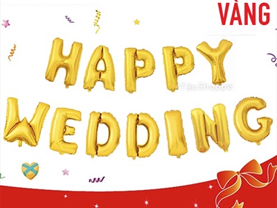 Bong bóng kiếng chữ HAPPY WEDDING cao 33cm BBK-HPWD-01