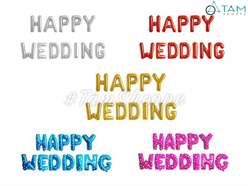 Bong bóng kiếng chữ HAPPY WEDDING cao 33cm BBK-HPWD-01