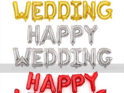 Bong bóng kiếng chữ HAPPY WEDDING cao 33cm BBK-HPWD-01