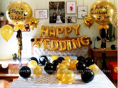 Bong bóng kiếng chữ HAPPY WEDDING cao 33cm BBK-HPWD-01
