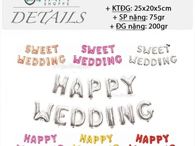 Bong bóng kiếng chữ HAPPY WEDDING cao 33cm BBK-HPWD-01