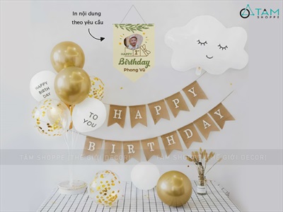 Set bóng sinh nhật đám mây cờ giấy in theo yêu cầu tông Vàng - Trắng SSN-BDTS-010