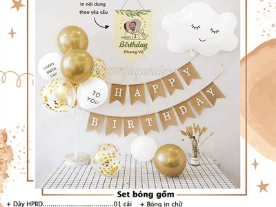 Set bóng sinh nhật đám mây cờ giấy in theo yêu cầu tông Vàng - Trắng SSN-BDTS-010