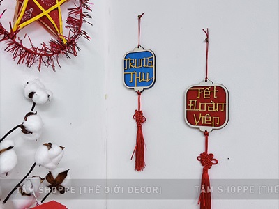 Dây treo Trung thu - Tết đoàn viên gỗ vuông cát tường PKT-TET-02