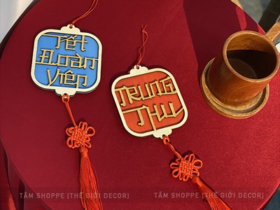 Dây treo Trung thu - Tết đoàn viên gỗ vuông cát tường PKT-TET-02