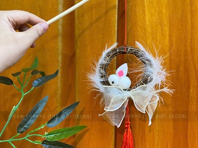 Lồng đèn thỏ lông vũ vòng dây rừng handmade [Sẵn đèn - Xinh yêu] LDEN-HM-01