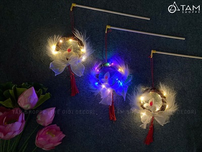Lồng đèn thỏ lông vũ vòng dây rừng handmade [Sẵn đèn - Xinh yêu] LDEN-HM-01