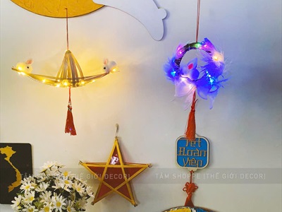 Lồng đèn thỏ lông vũ vòng dây rừng handmade [Sẵn đèn - Xinh yêu] LDEN-HM-01