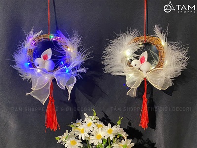 Lồng đèn thỏ lông vũ vòng dây rừng handmade [Sẵn đèn - Xinh yêu] LDEN-HM-01