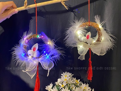 Lồng đèn thỏ lông vũ vòng dây rừng handmade [Sẵn đèn - Xinh yêu] LDEN-HM-01