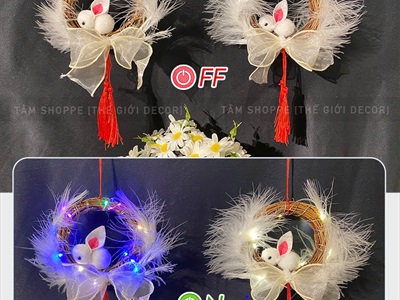 Lồng đèn thỏ lông vũ vòng dây rừng handmade [Sẵn đèn - Xinh yêu] LDEN-HM-01