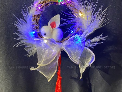 Lồng đèn thỏ lông vũ vòng dây rừng handmade [Sẵn đèn - Xinh yêu] LDEN-HM-01