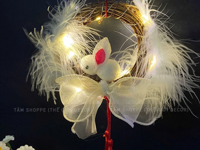 Lồng đèn thỏ lông vũ vòng dây rừng handmade [Sẵn đèn - Xinh yêu] LDEN-HM-01