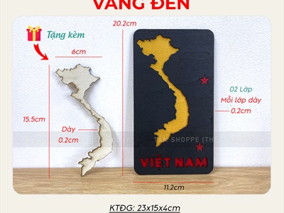 Tranh gỗ bản đồ Việt Nam thẻ chữ nhật 2 lớp [20x10cm - tặng icon] TRANHGO-08