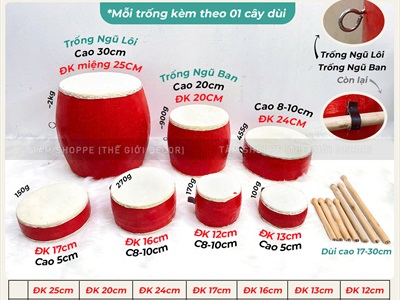 Trống đỏ decor nhiều kiểu nhiều cỡ [Trống con - Trống ban - Trống Ngũ lôi] TRONG-04