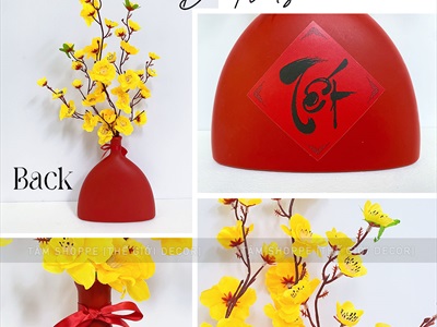 Bình hoa Tết mai đào thân tam giác cổ nhỏ [Set sẵn - Tiện lợi] BINHHOACS-02