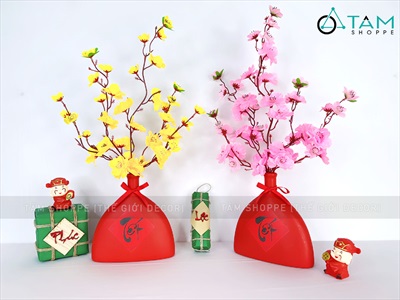 Bình hoa Tết mai đào thân tam giác cổ nhỏ [Set sẵn - Tiện lợi] BINHHOACS-02