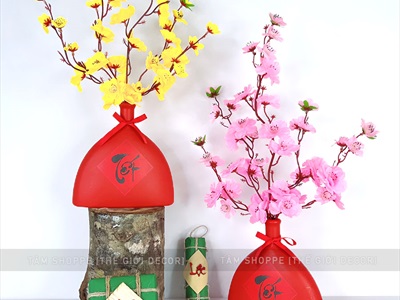 Bình hoa Tết mai đào thân tam giác cổ nhỏ [Set sẵn - Tiện lợi] BINHHOACS-02