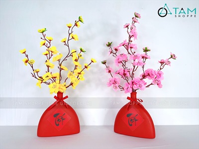 Bình hoa Tết mai đào thân tam giác cổ nhỏ [Set sẵn - Tiện lợi] BINHHOACS-02