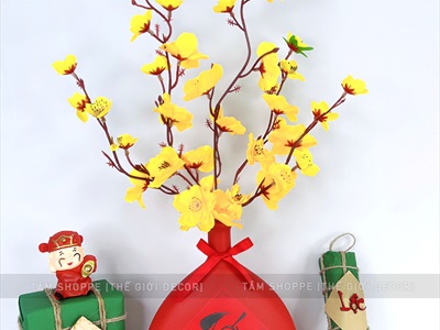 Bình hoa Tết mai đào thân tam giác cổ nhỏ [Set sẵn - Tiện lợi] BINHHOACS-02