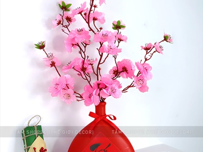Bình hoa Tết mai đào thân tam giác cổ nhỏ [Set sẵn - Tiện lợi] BINHHOACS-02