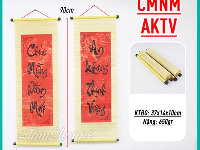 Bộ 02 câu đối thư pháp Tết mành tre in đỏ đen nhiều nội dung 30x90cm CAUDOI-01