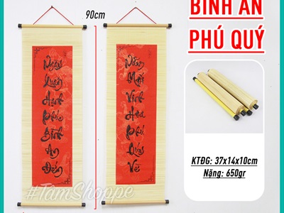 Bộ 02 câu đối thư pháp Tết mành tre in đỏ đen nhiều nội dung 30x90cm CAUDOI-01
