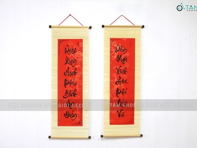 Bộ 02 câu đối thư pháp Tết mành tre in đỏ đen nhiều nội dung 30x90cm CAUDOI-01