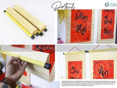 Bộ 02 câu đối thư pháp Tết mành tre in đỏ đen nhiều nội dung 30x90cm CAUDOI-01