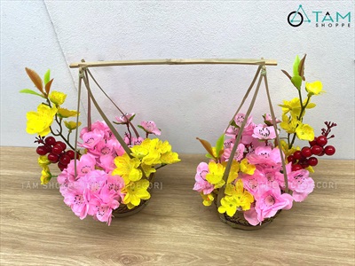 Bộ quang gánh tre cắm sẵn hoa mai đào [Thành phẩm - Cao 26cm] CHAUHOACS-06
