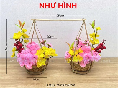 Bộ quang gánh tre cắm sẵn hoa mai đào [Thành phẩm - Cao 26cm] CHAUHOACS-06