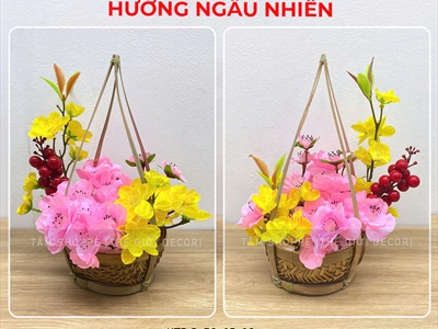 Bộ quang gánh tre cắm sẵn hoa mai đào [Thành phẩm - Cao 26cm] CHAUHOACS-06