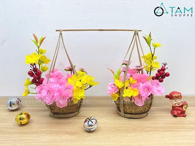 Bộ quang gánh tre cắm sẵn hoa mai đào [Thành phẩm - Cao 26cm] CHAUHOACS-06