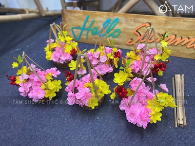 Bộ quang gánh tre cắm sẵn hoa mai đào [Thành phẩm - Cao 26cm] CHAUHOACS-06