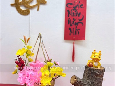 Bộ quang gánh tre cắm sẵn hoa mai đào [Thành phẩm - Cao 26cm] CHAUHOACS-06