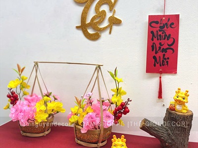 Bộ quang gánh tre cắm sẵn hoa mai đào [Thành phẩm - Cao 26cm] CHAUHOACS-06