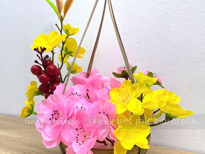 Bộ quang gánh tre cắm sẵn hoa mai đào [Thành phẩm - Cao 26cm] CHAUHOACS-06