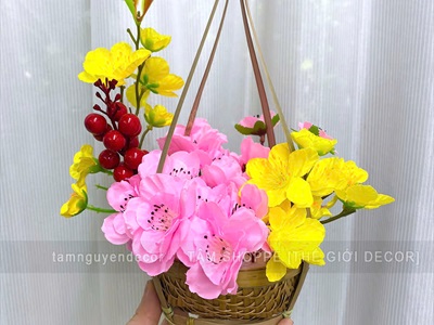 Bộ quang gánh tre cắm sẵn hoa mai đào [Thành phẩm - Cao 26cm] CHAUHOACS-06